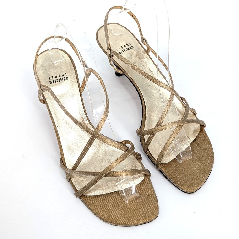 Stuart Weitzman Gold Strappy Kitten Heel Sandals Metallic Made in Spain 9.5 M